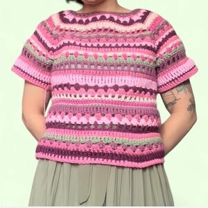 Colorful Pink and Green Striped Crochet Raglan Top